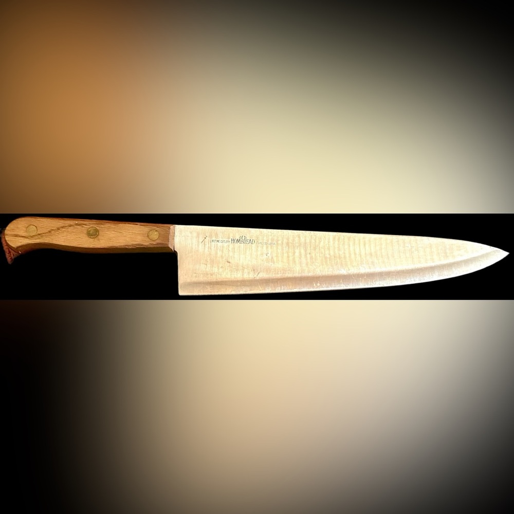 Vintage Knife Old Homestead Chef Lifetime Cutlery Japan Wood Handle 10” Blade